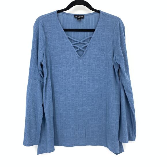 I.N. Studios Ribbed Knit Blouse Womens Size PL Flared Long Sleeve Blue Lace Up - Picture 1 of 6